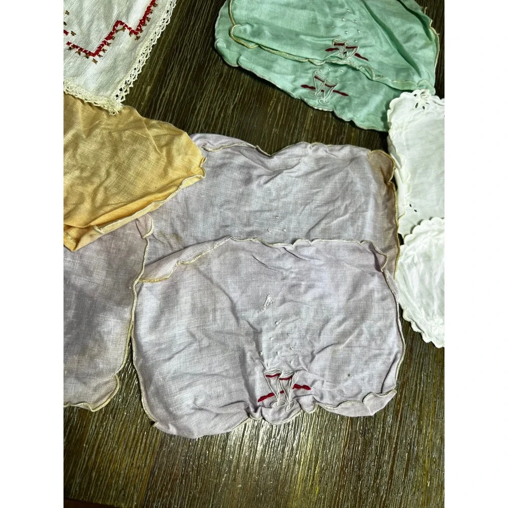 Vintage Linens Assorted Lot Cross Stitch Lace Cocktail Napkins Pastel 10pc